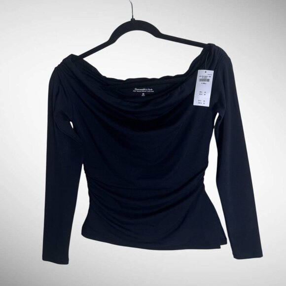 NWT Abercrombie & Fitch Top A&F Modal-Blend sz XS Black Off Shoulder Ruched - Picture 9 of 9
